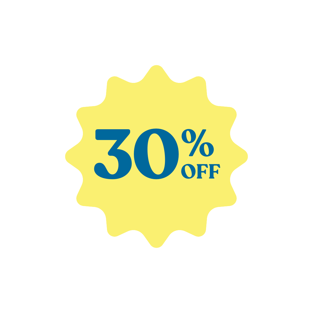 Yellow starburst with '30% OFF' in blue text.