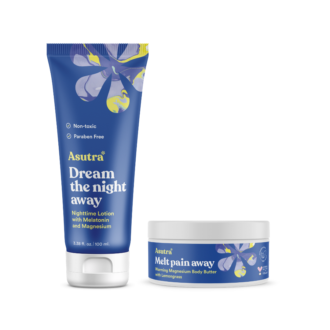 A tube of Asutra Dream the night away lotion and a jar of Asutra Melt pain away body butter.