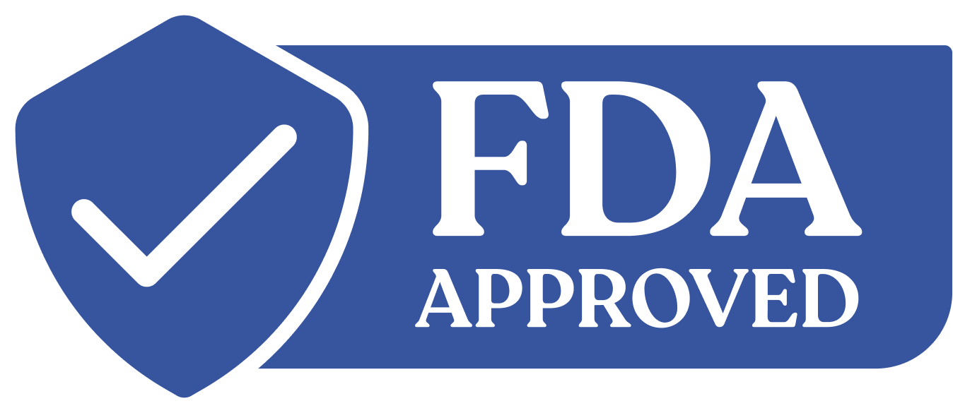 A blue logo with a shield and checkmark that says 'FDA Approved Ingredients'.
