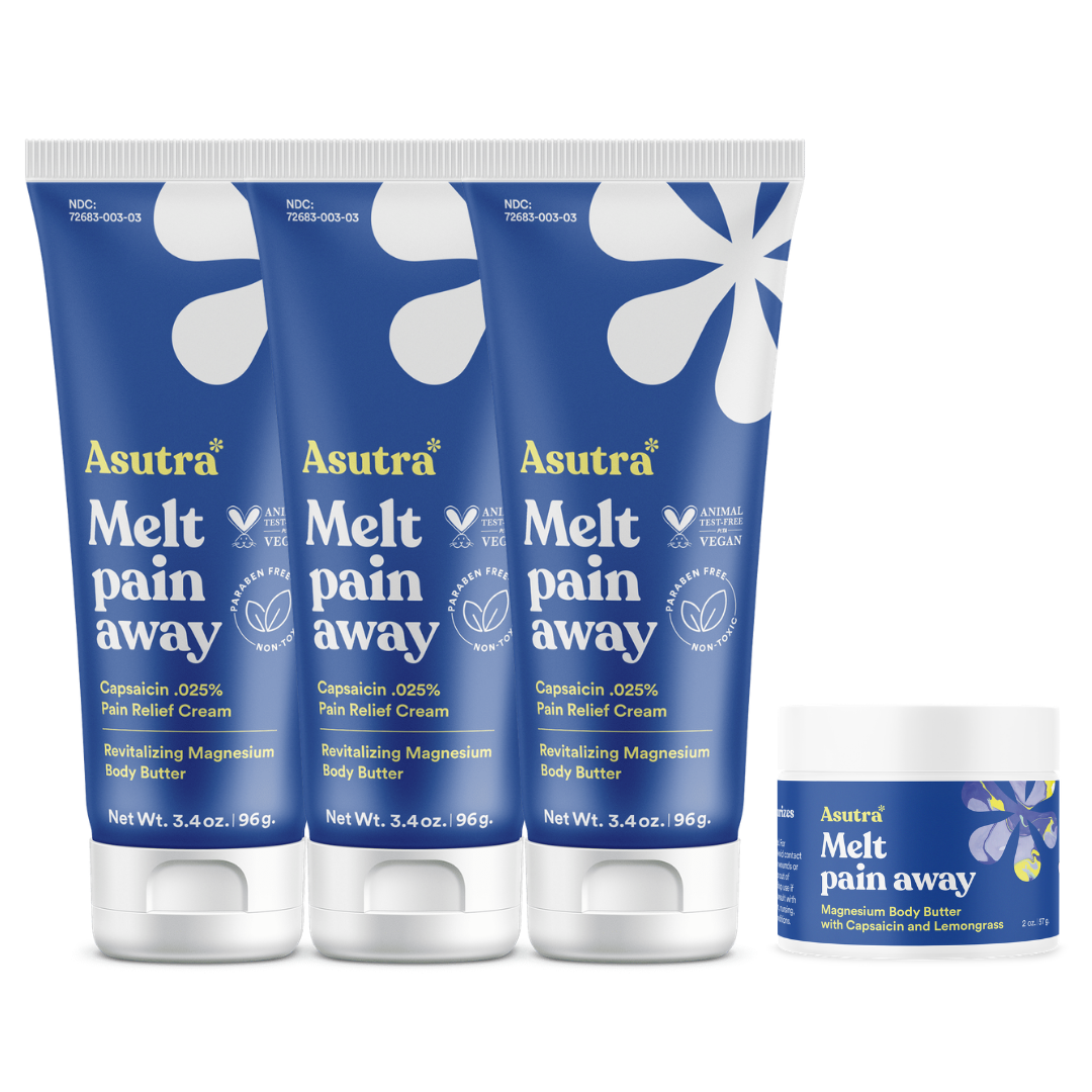 Three tubes and one jar of Asutra Melt pain away magnesium body butter and pain relief cream.