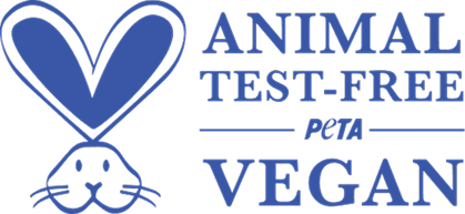 The PETA 'Animal Test-Free' and 'Vegan' logo, featuring a blue bunny with heart-shaped ears.