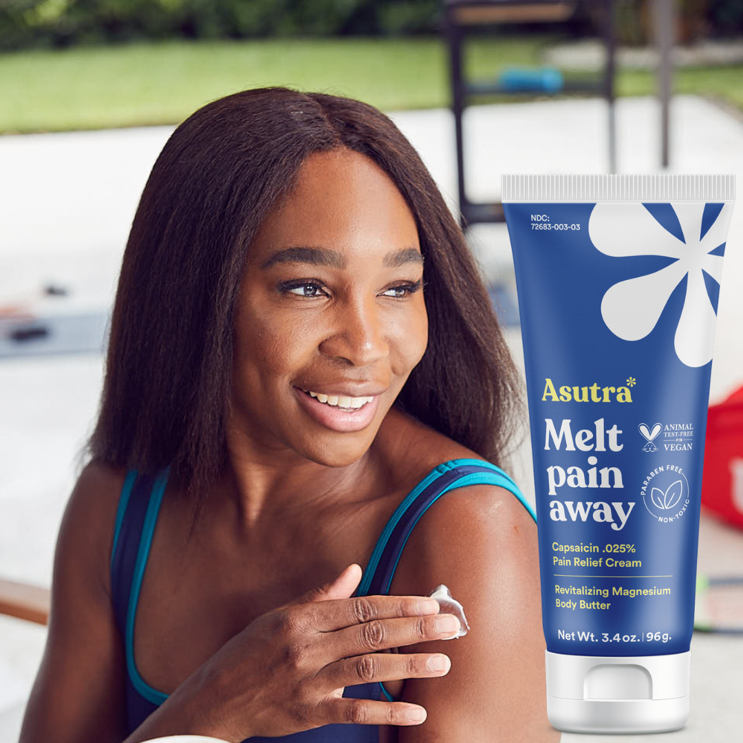 A woman smiles while applying Asutra Melt pain away cream to her arm, with the product tube shown.