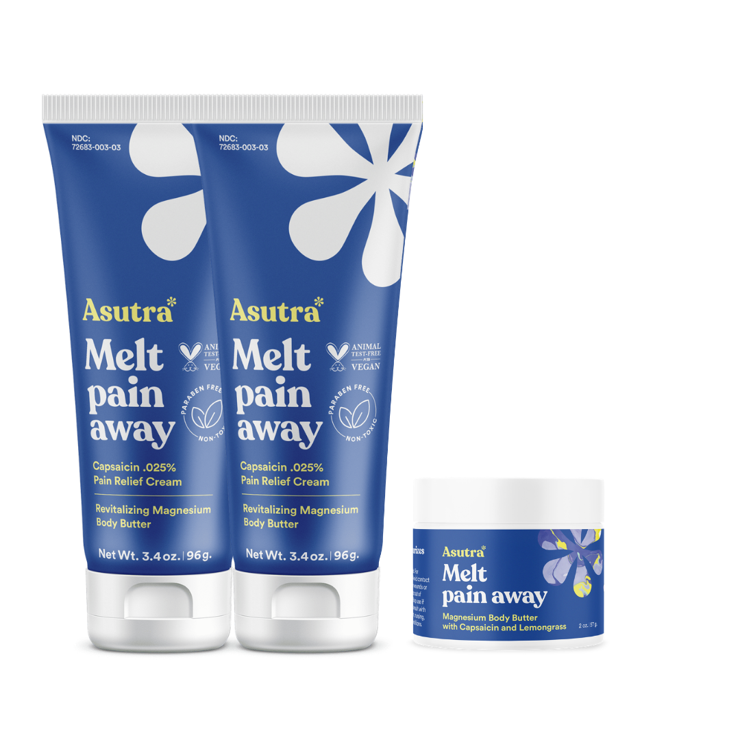 Two tubes and one jar of Asutra Melt pain away pain relief products on a white background.