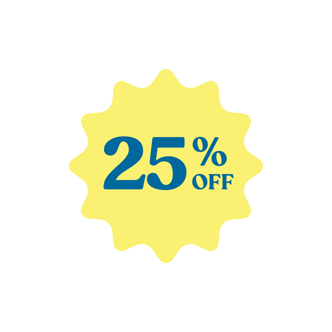 Yellow badge with '25% OFF' in blue text.