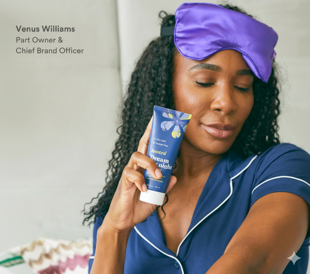 Person holding a tube of Asutra Dream the Night cream with closed eyes.