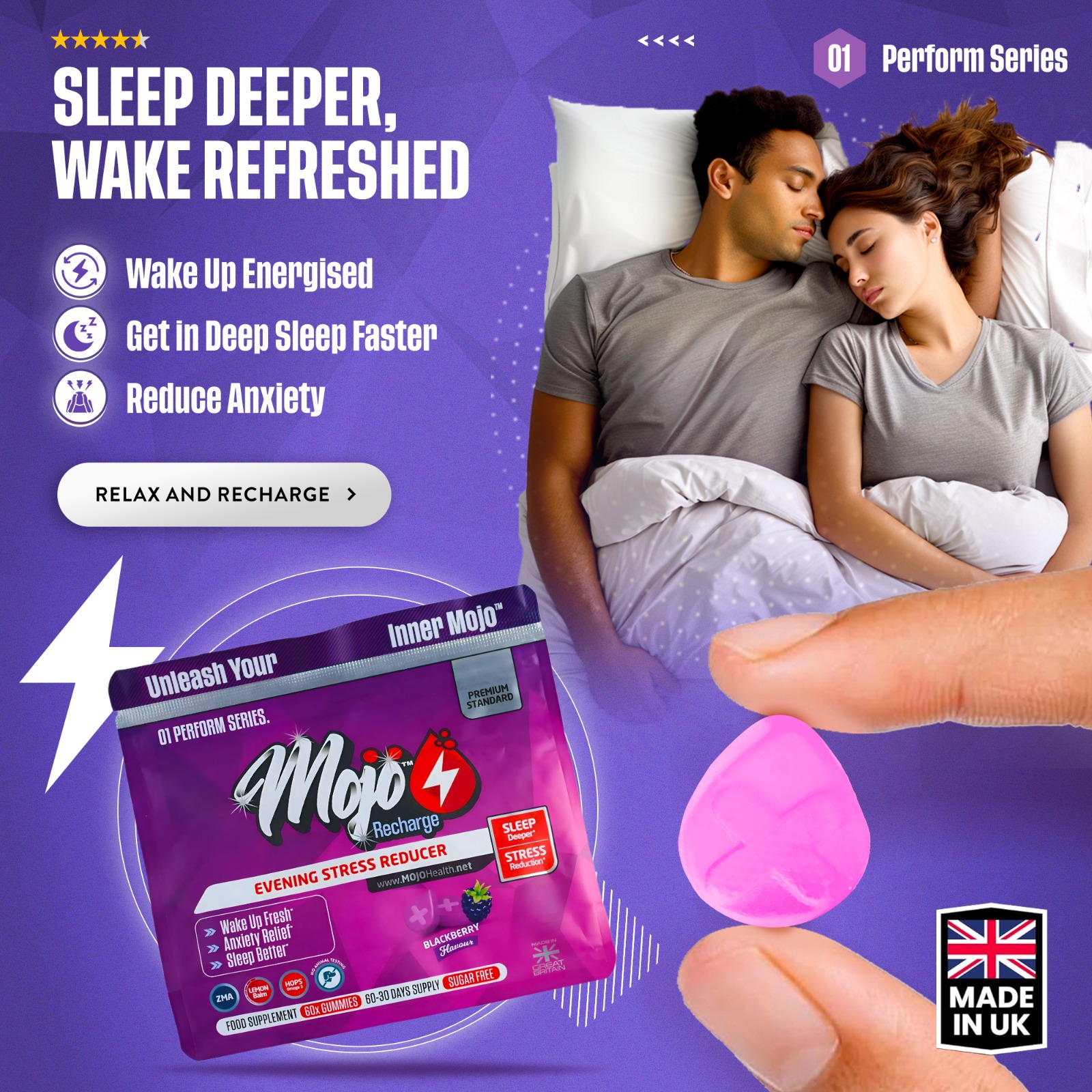 Couple sleeping peacefully with a hand holding a pink supplement, product packaging, and text promoting sleep benefits.