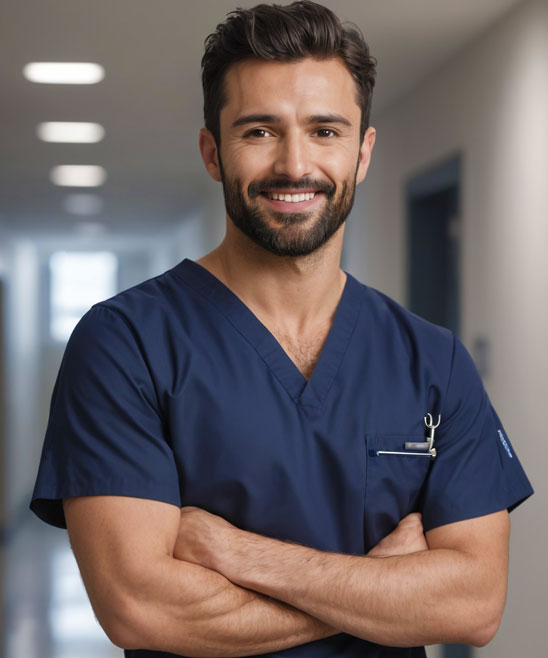 Smiling person in blue scrubs standing in a hallway.