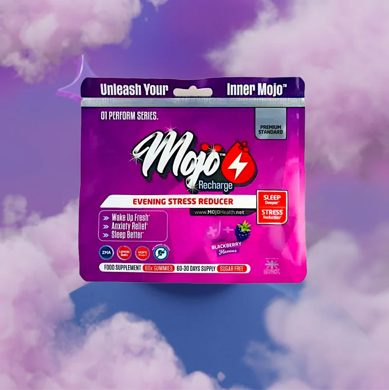 Mojo Recharge evening stress reducer gummy package with purple background.