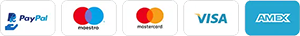 Logos of PayPal, Maestro, Mastercard, Visa, and American Express.
