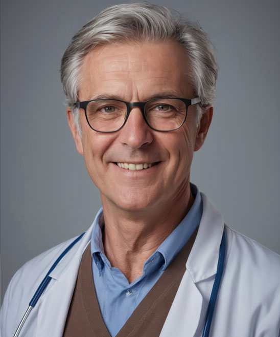 Smiling man with glasses and a stethoscope, wearing a white coat.