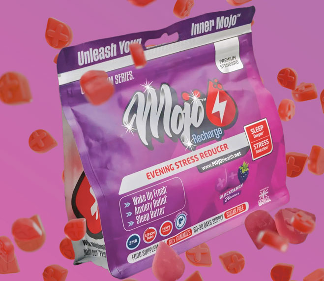 Purple packaging of Mojo Recharge gummies with floating red gummies.