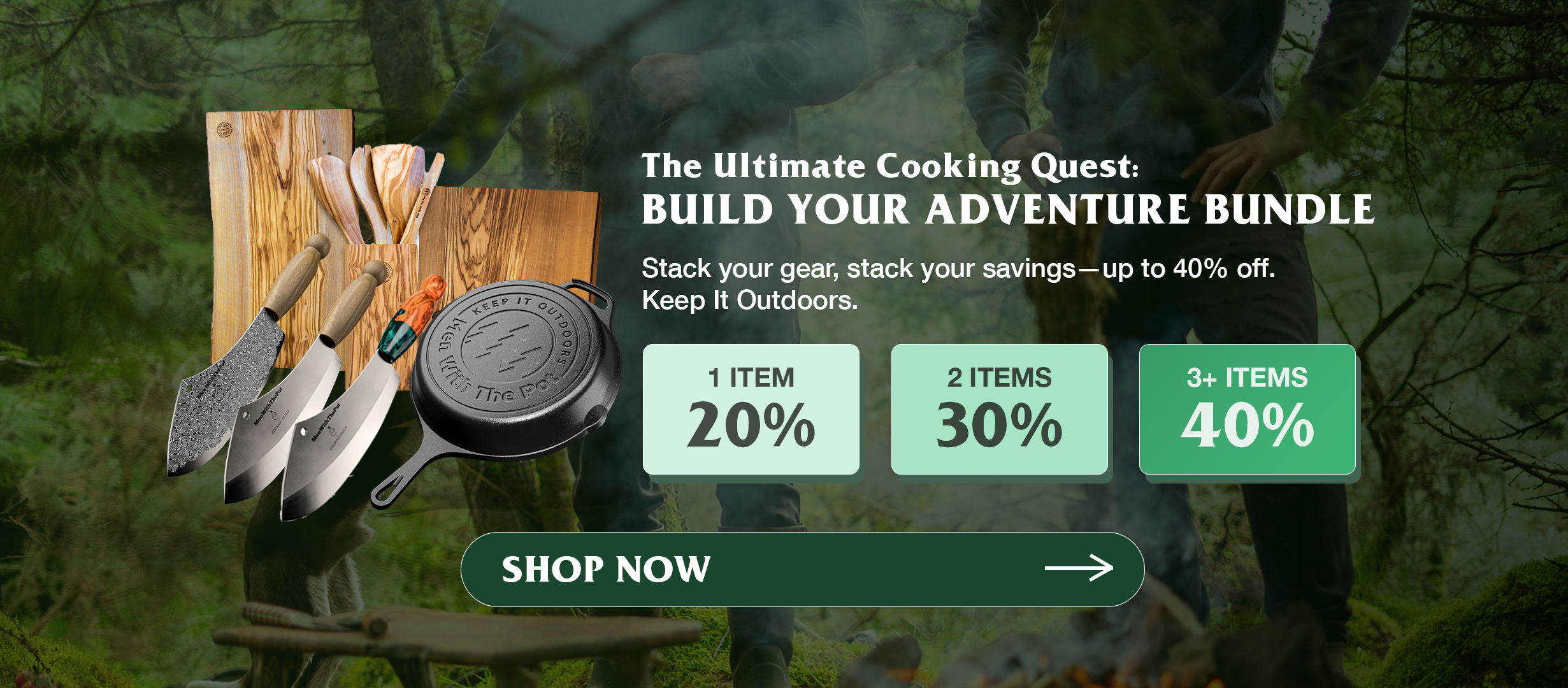 Outdoor cooking gear bundle with knives, cutting boards, and a cast iron pan.