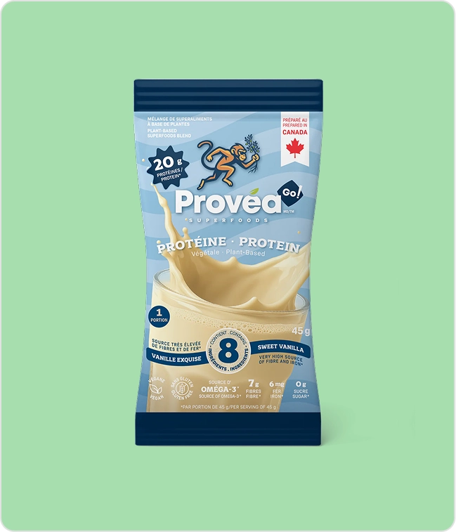 A single-serving pouch of Provea Superfoods sweet vanilla plant-based protein powder on a green background.