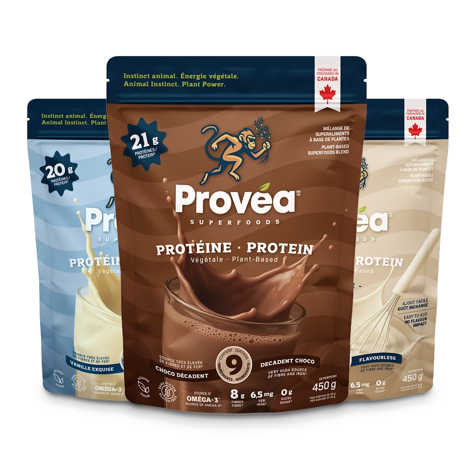 Three pouches of Provea Superfoods plant-based protein powder in chocolate, vanilla, and flavourless varieties against a white background.