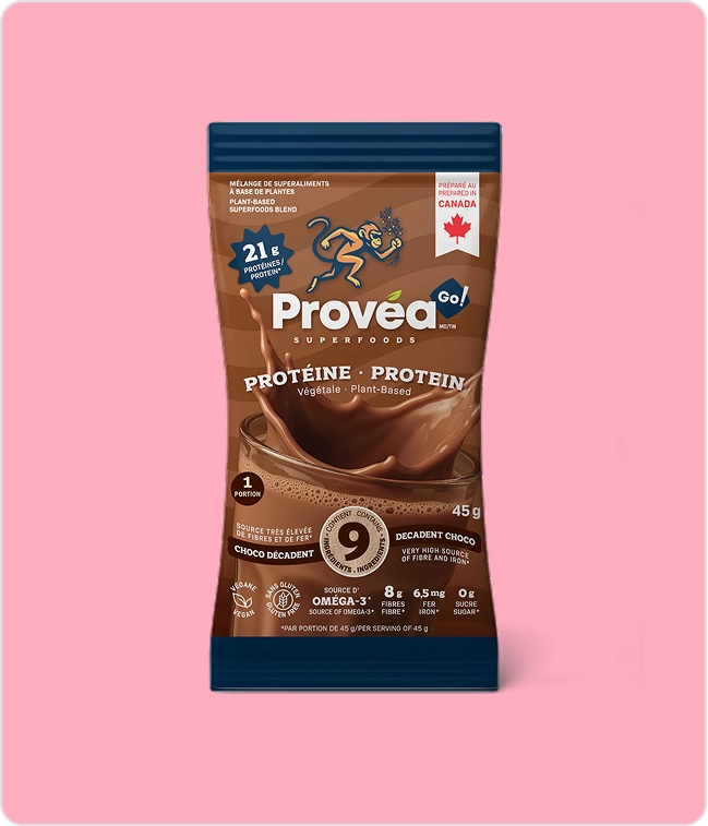 A pouch of Provea Superfoods decadent choco plant-based protein powder, against a pink background.