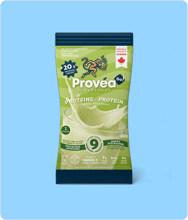 A pouch of Provez Superfoods plant-based pistachio protein powder against a light blue background.