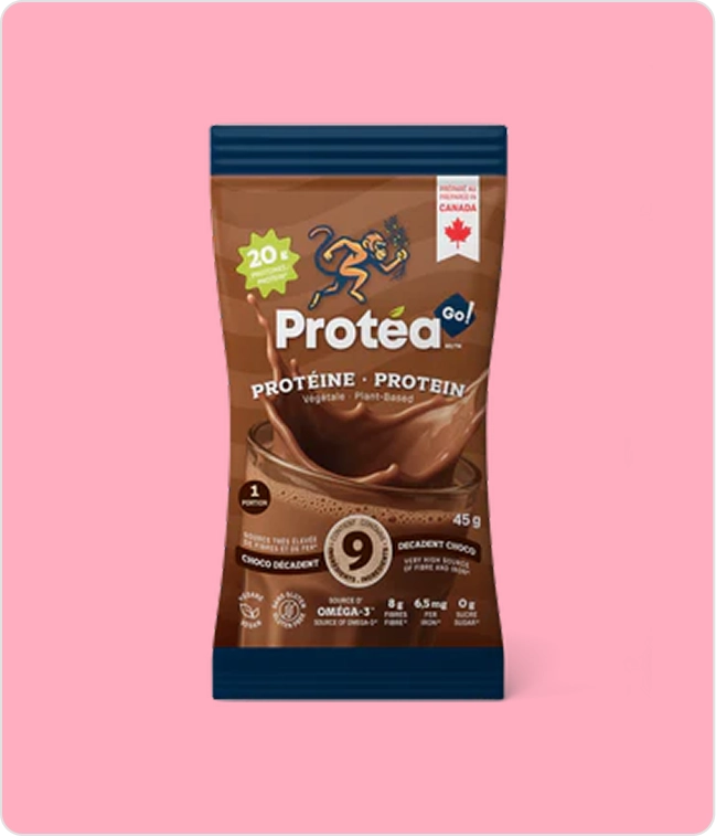 A pouch of Protea Go! plant-based chocolate protein powder against a pink background.