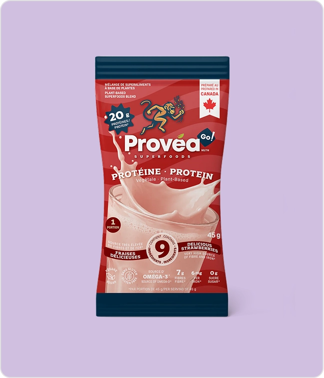 A single-serving pouch of Provea Superfoods plant-based strawberry protein powder against a light purple background.