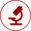 A red icon of a microscope inside a white circle with a red border.