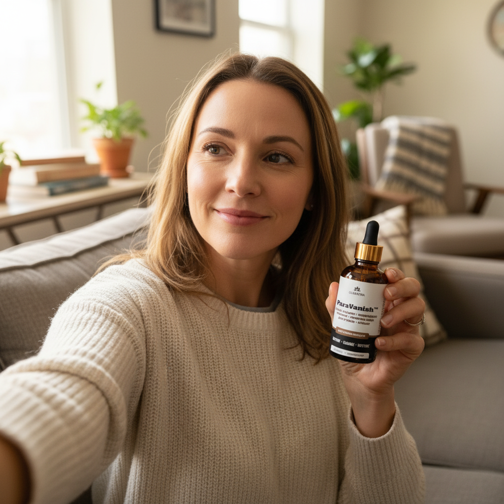 Woman holding a dropper bottle, smiling in a cozy living room.