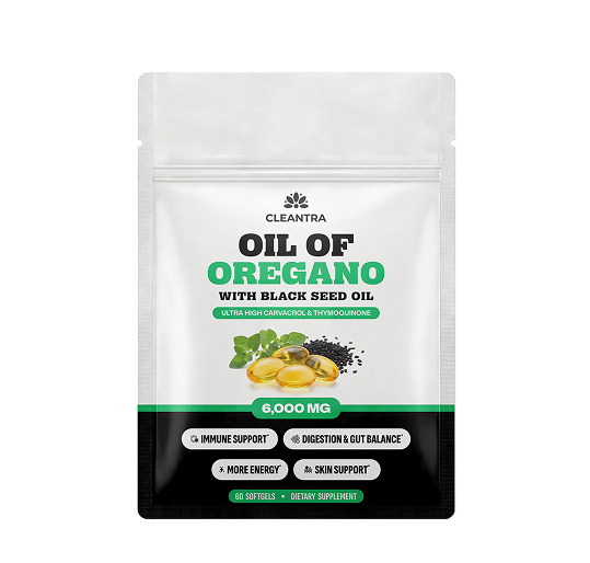 A white and black pouch of Cleantra Oil of Oregano with Black Seed Oil softgels.