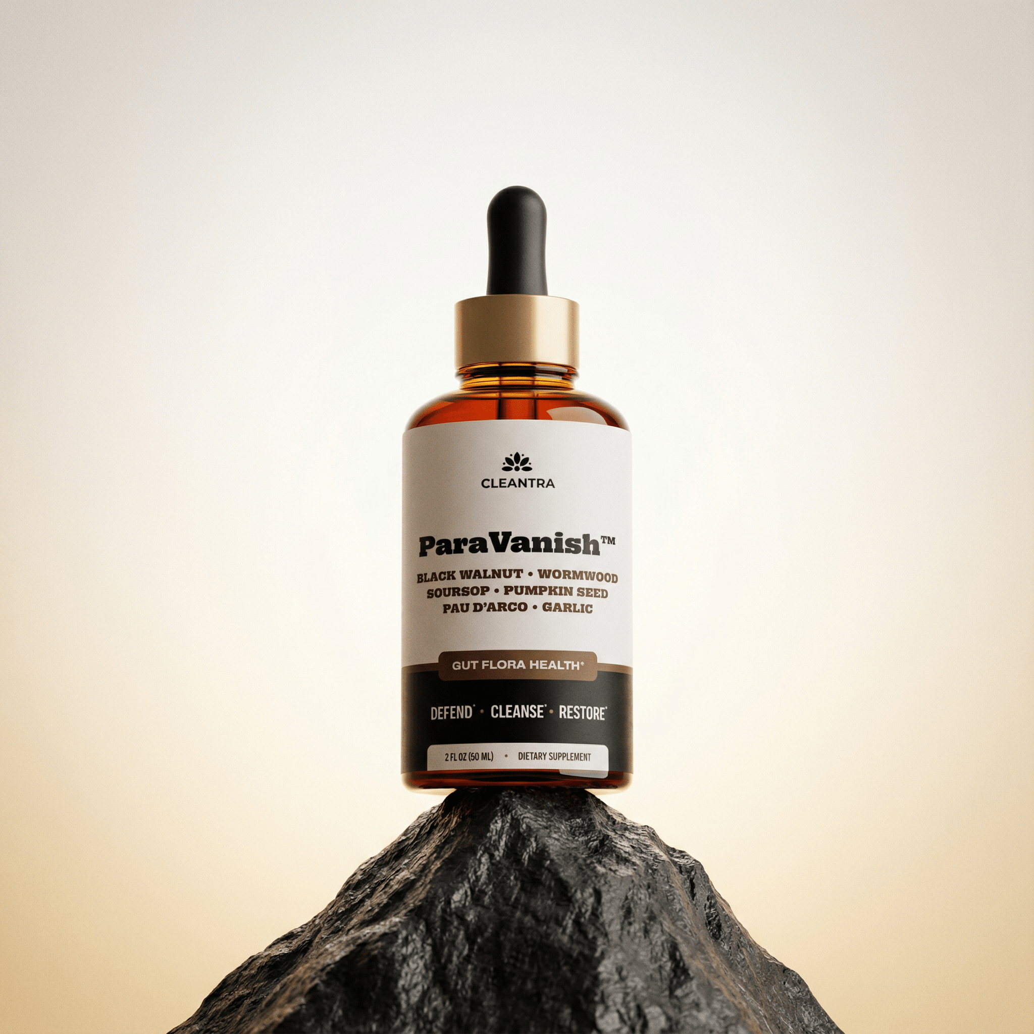 A dropper bottle labeled 'ParaVanish' on a rock-like surface.
