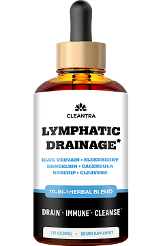 A bottle of Cleantra Lymphatic Drainage, a 10-in-1 herbal blend supplement.