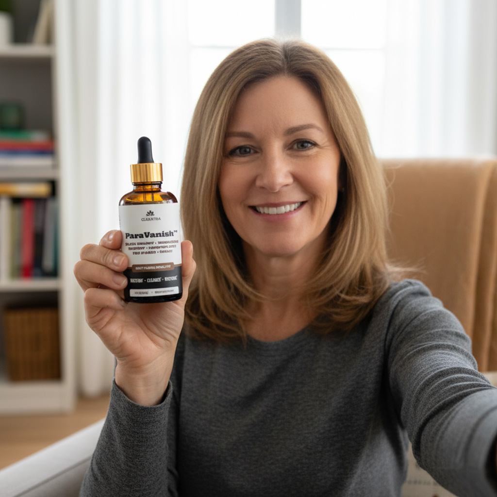 Person holding a bottle labeled ParaVanish while smiling in a well-lit room.