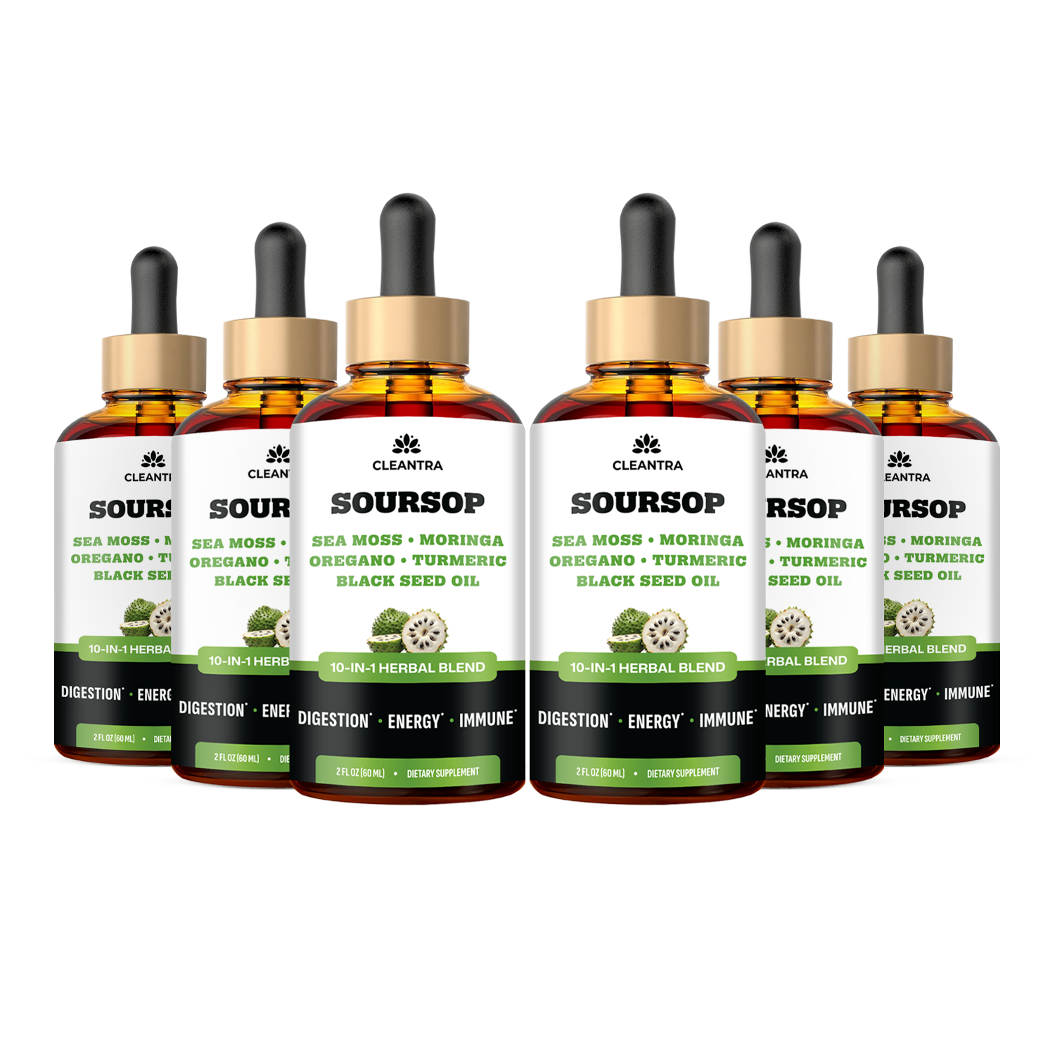 A row of six bottles of Cleantra Soursop dietary supplement with black droppers against a white background.
