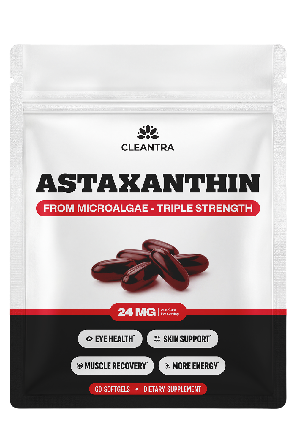 A white pouch of Cleantra Astaxanthin dietary supplement with an image of dark red softgel capsules.