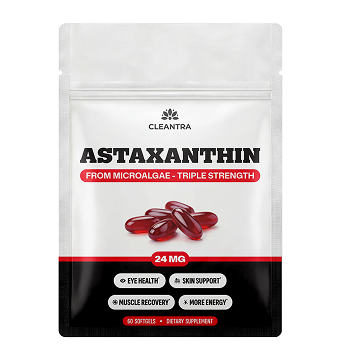A white and black pouch of Cleantra Astaxanthin dietary supplement with an image of red softgels.