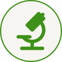 A green icon of a microscope inside a white circle with a thin green border.