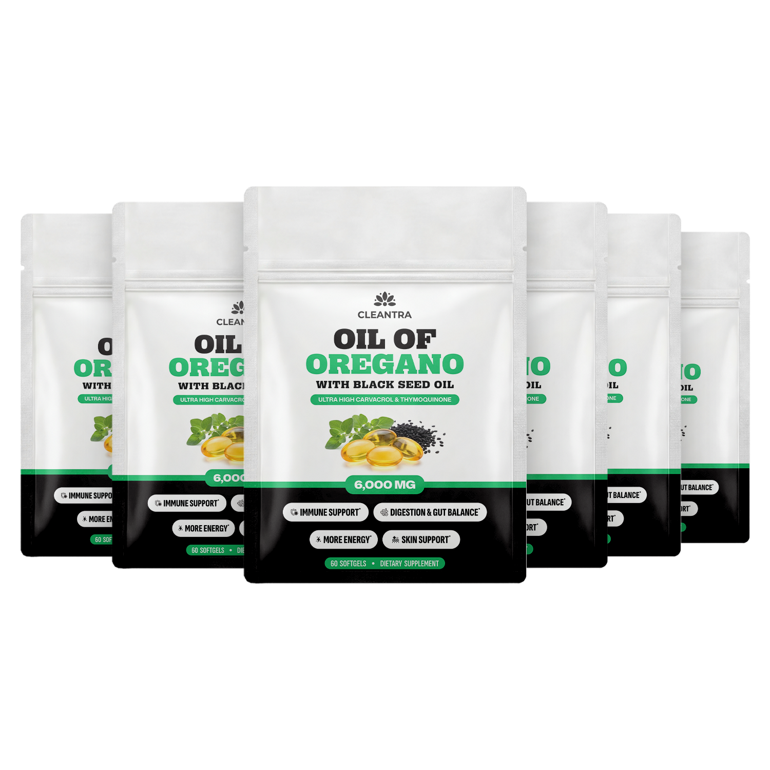 A row of six white pouches of Cleantra Oil of Oregano with Black Seed Oil dietary supplement.