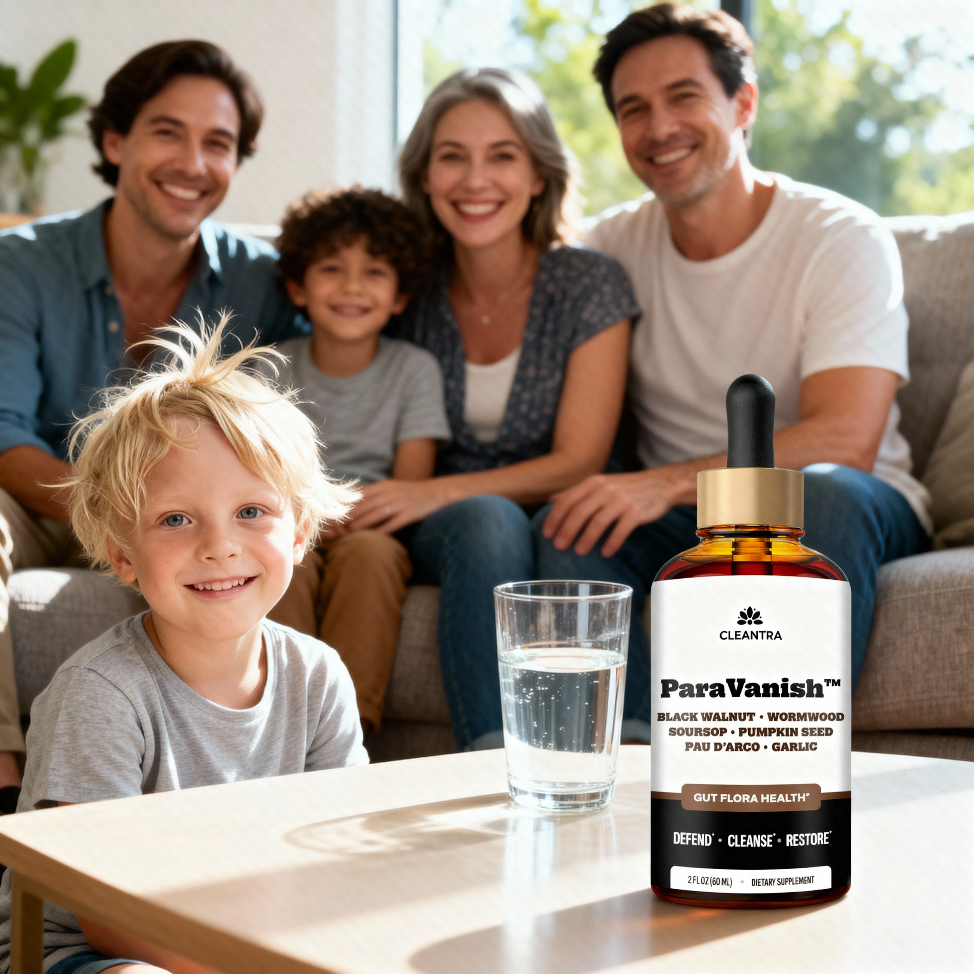 Smiling family on a couch with a bottle and glass on a table.