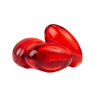 Three glossy red capsules on a white circular background.