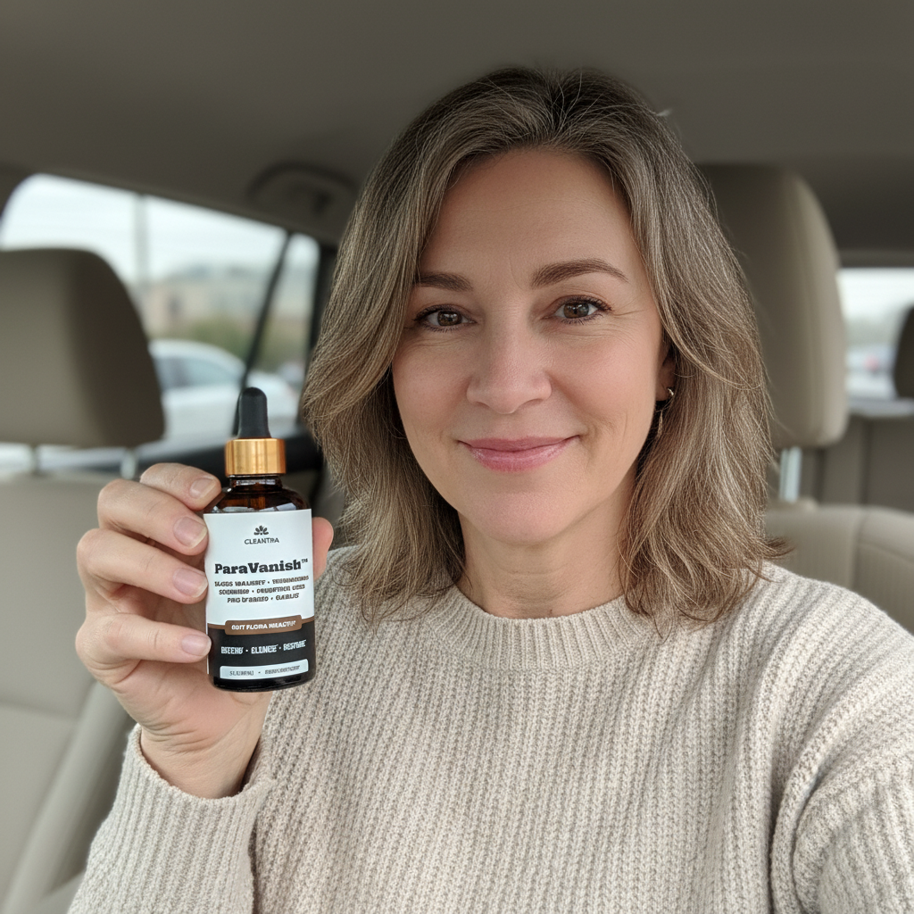 Person holding a bottle labeled 'ParaVanish' inside a car.