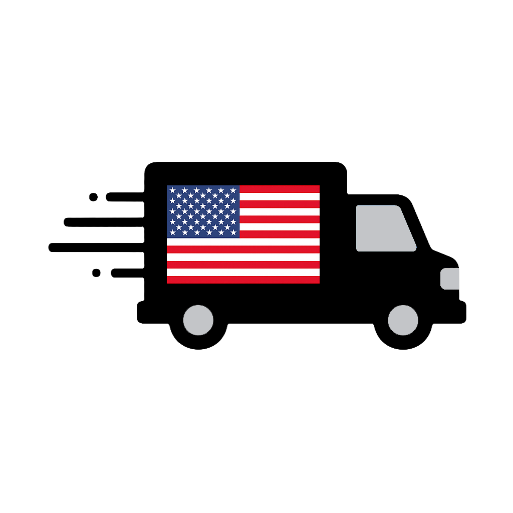 Black delivery truck with American flag and speed trails.