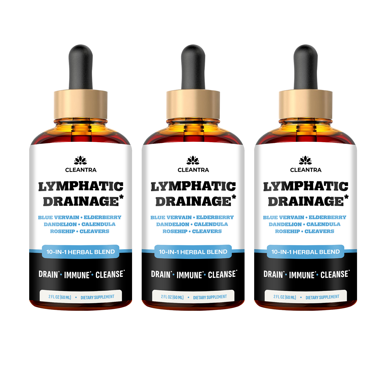 Three bottles of Cleantra Lymphatic Drainage supplement with droppers.