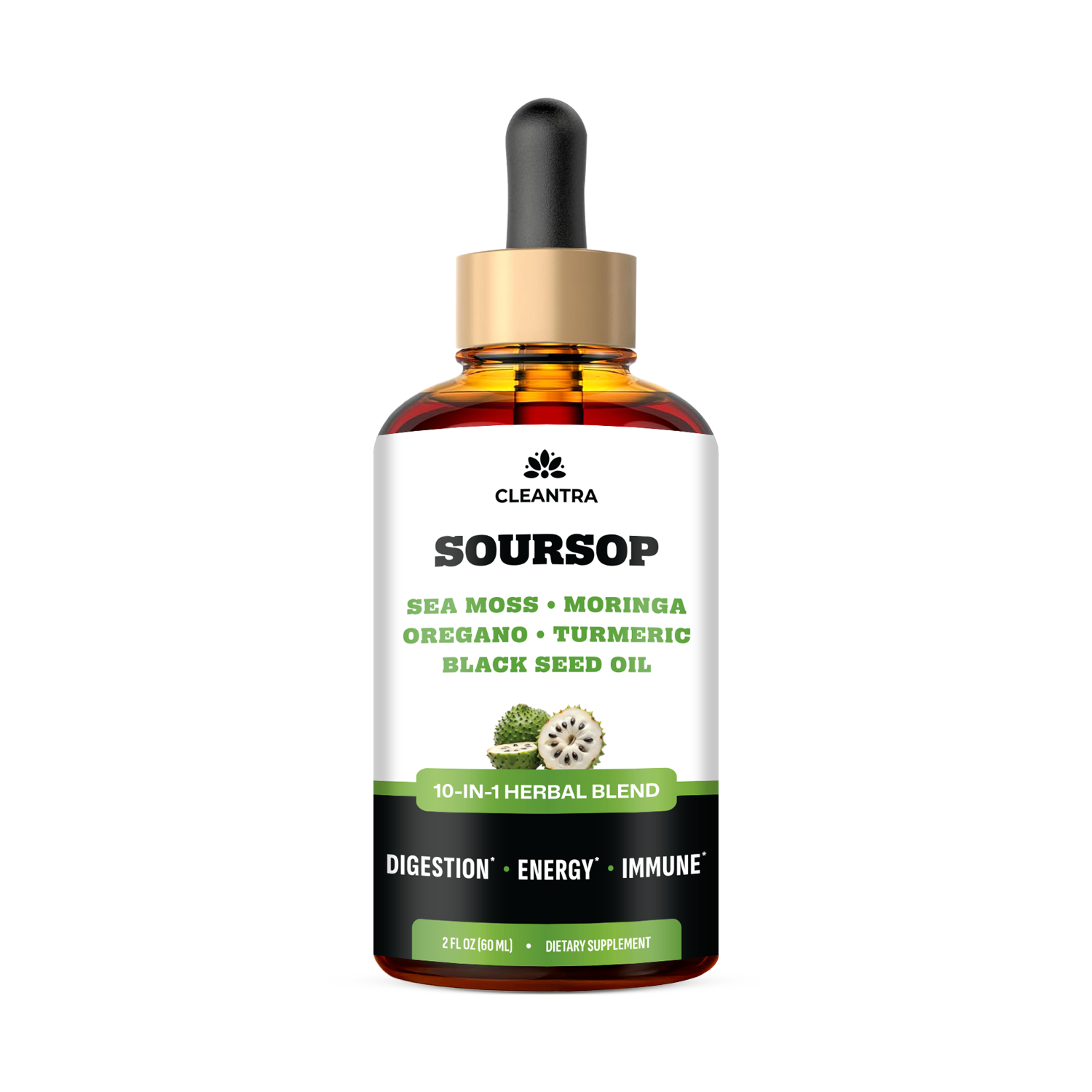 A bottle of Cleantra Soursop herbal blend dietary supplement, an amber glass bottle with a black dropper.