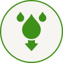 A circular icon with three green water droplets and a downward arrow.