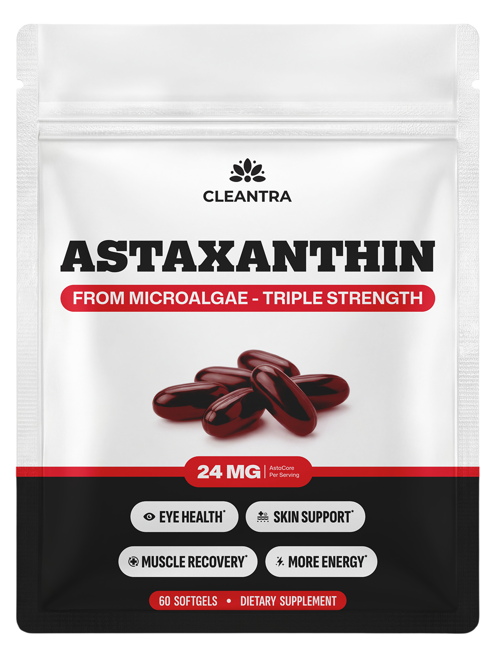 A white and black pouch of Cleantra Astaxanthin dietary supplement with an image of red softgels.