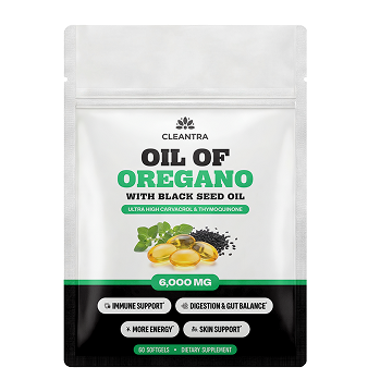 A white and black pouch of Cleantra Oil of Oregano with Black Seed Oil softgel supplements.