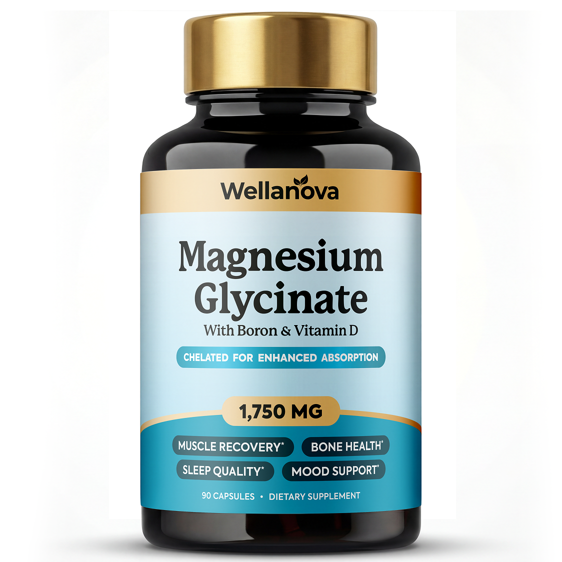 A bottle of Wellanova Magnesium Glycinate dietary supplement with a gold cap against a white background.