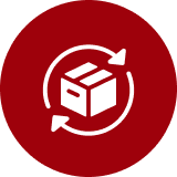 A white icon of a box with two arrows circling it, set against a dark red circular background.
