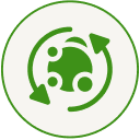 A green circular icon with two arrows rotating around an abstract shape with three small circles.