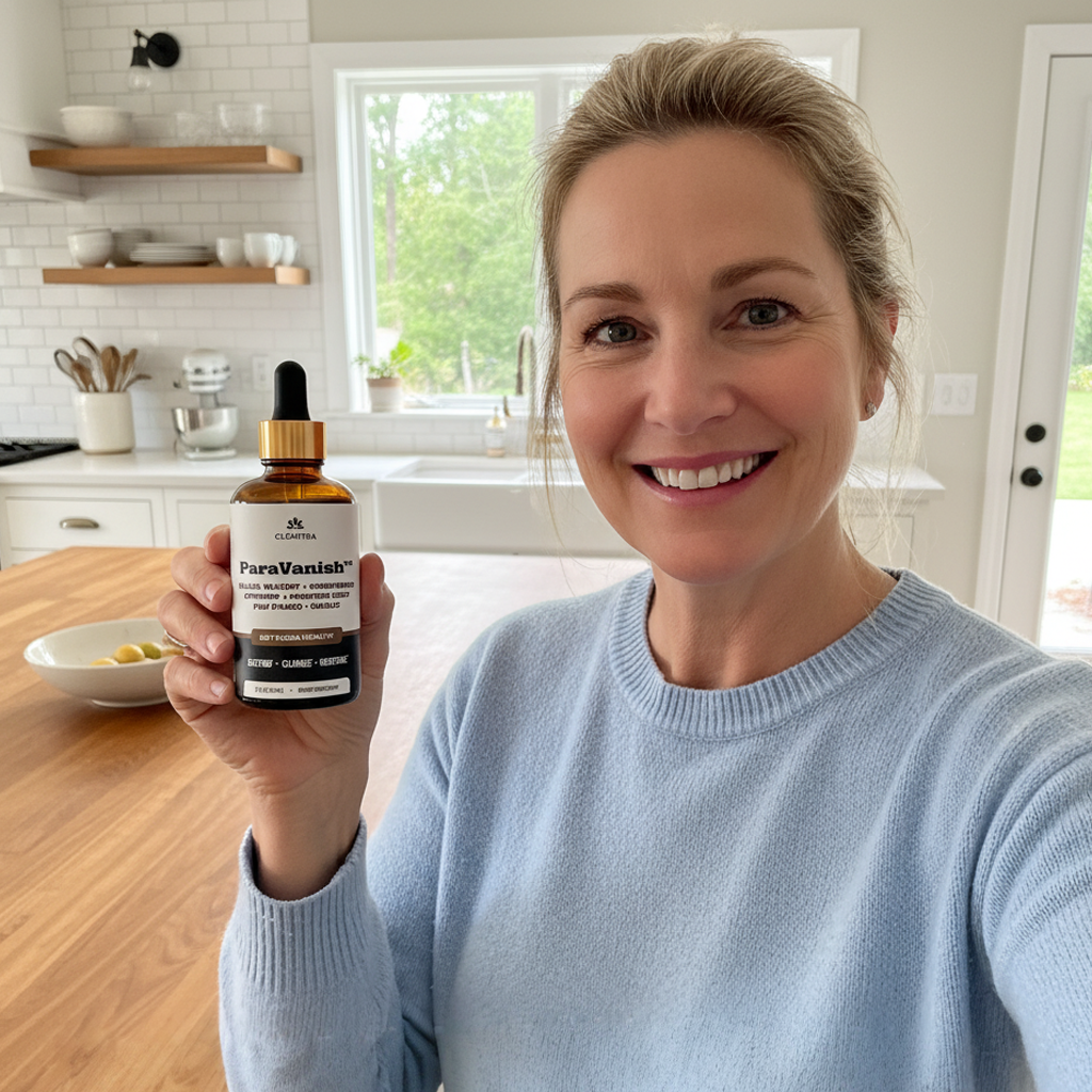 Person holding a bottle labeled 'ParaVanish' in a kitchen setting.