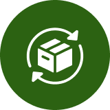 A white icon of a box with two arrows circling it, set against a dark red circular background.