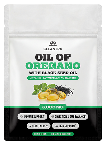 A pouch of Cleantra Oil of Oregano with Black Seed Oil softgels, a dietary supplement.