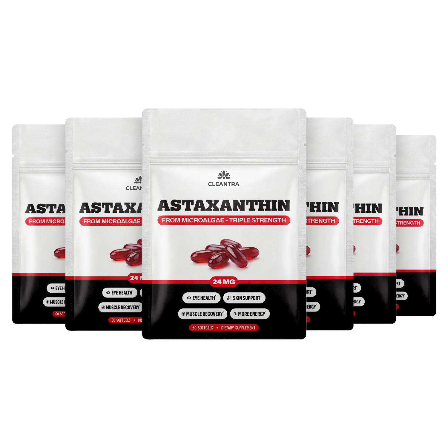 A row of six white and black pouches of Cleantra Astaxanthin dietary supplement.