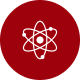 A white icon of a stylized atom with a nucleus and orbiting electrons on a dark red circular background.